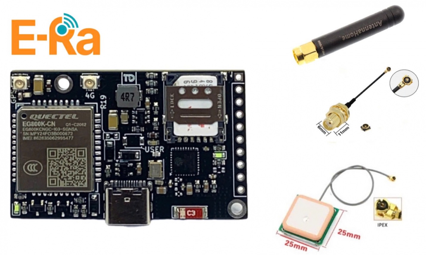 The ultra-compact ESP32-C3 4G GPS development board uses the Quectel EG800K 4G GPS module + E-Ra Standard 01 year + SIM Data 01 year (Price: 1.800.000 VNĐ) - Excluding 10% VAT.